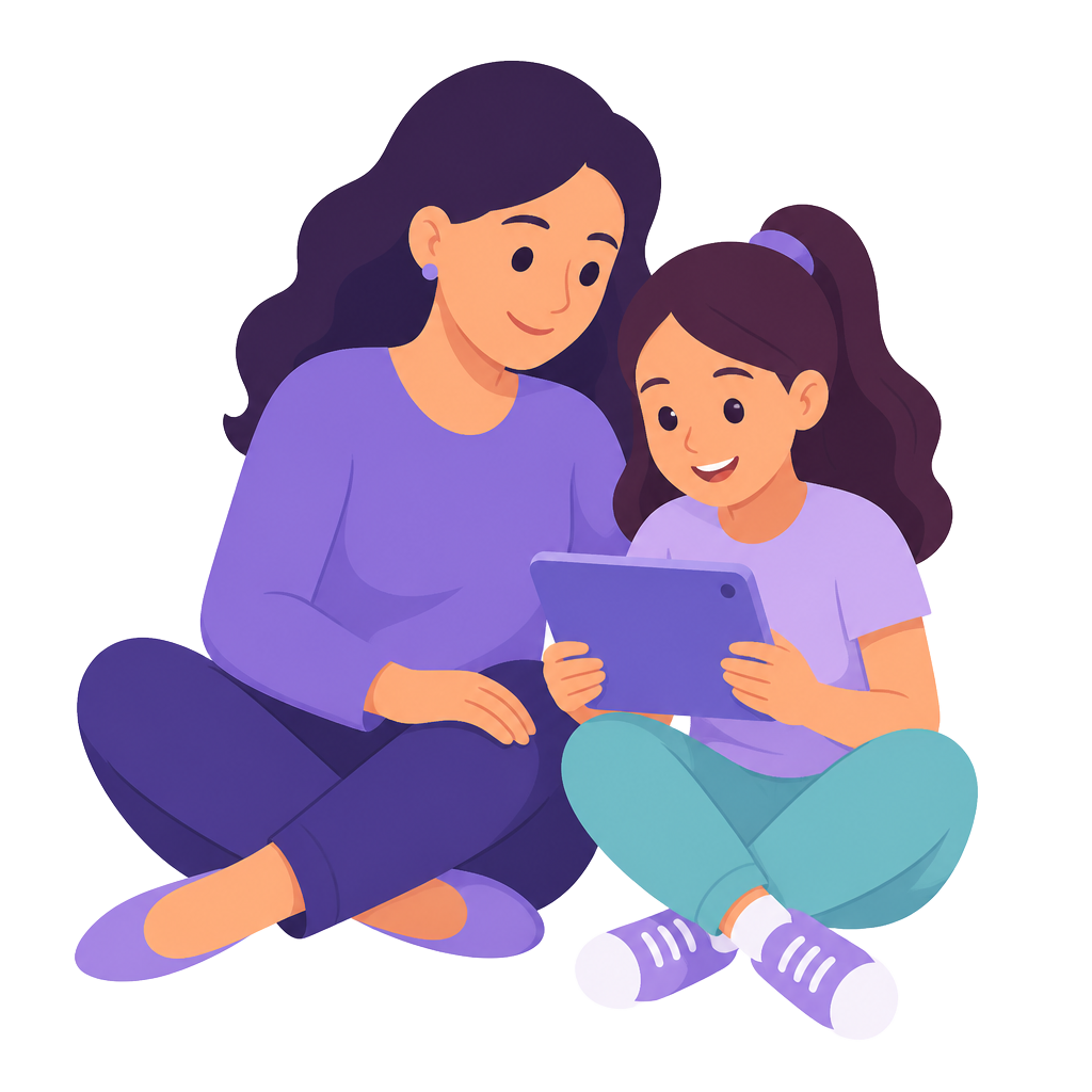 A mother and daughter looking at a tablet together